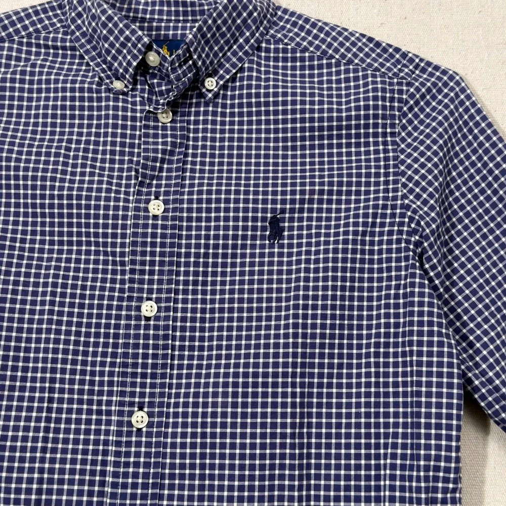 Ralph Lauren Button Up Boys Medium 10-12 Blue Plaid Shirt Long Sleeve Cotton